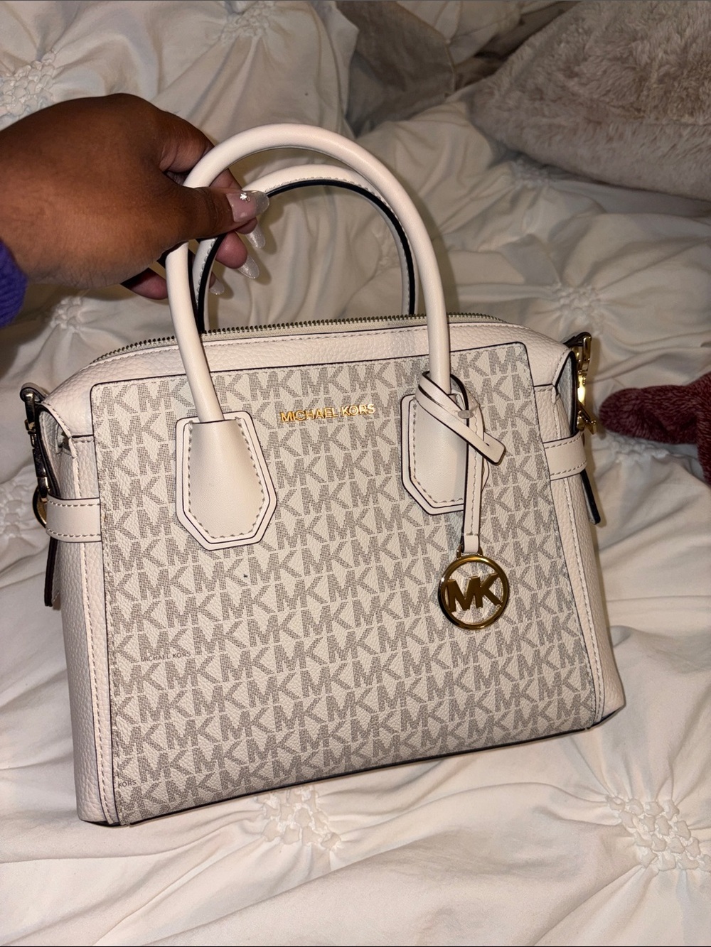 Michael Kors Cream and Light Gray MK Logo Satchel with Gold Hardware